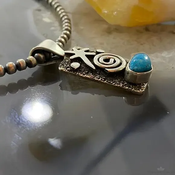 Alex Sanchez Native American Sterling Petroglyph Turquoise Dainty Pendant #7 - Picture 3 of 10